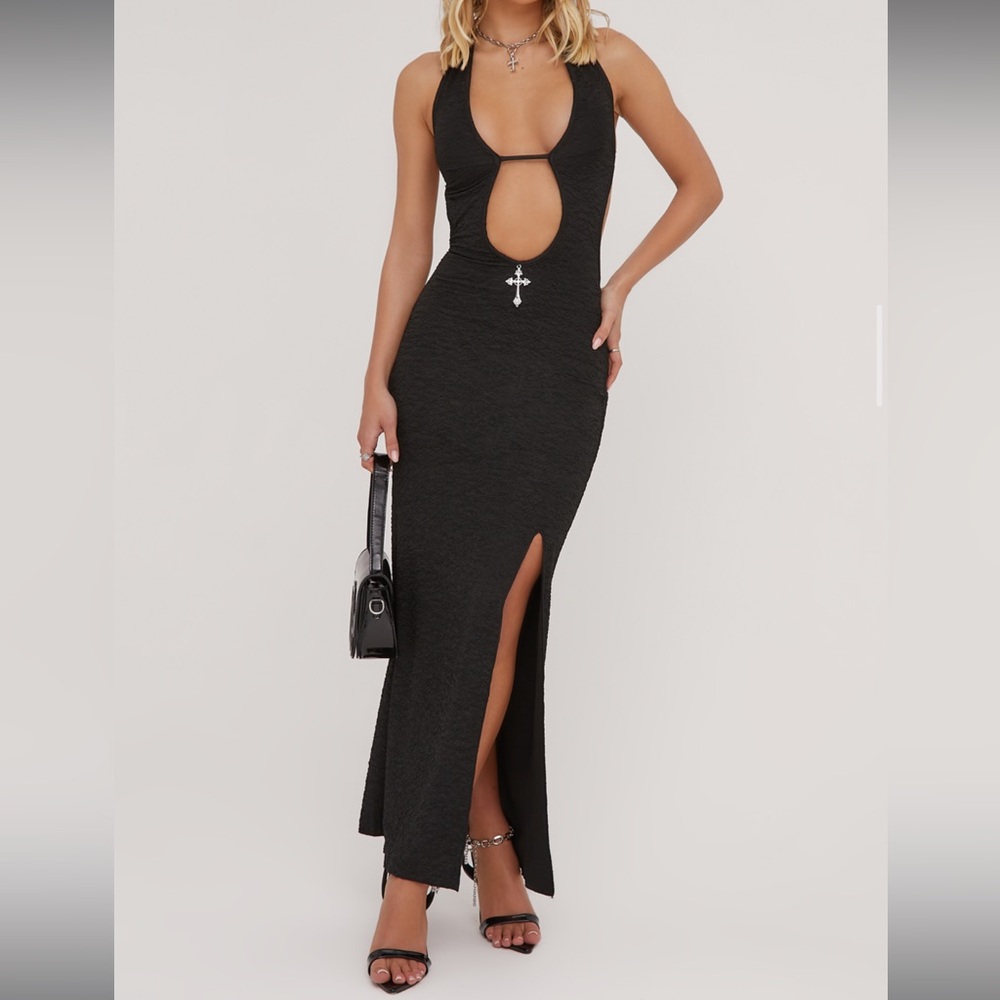 EXTREME PLUNGE CROSS DETAIL SPLIT LEG LOW BACK MAXI DRESS IN BLACK TEXTURE